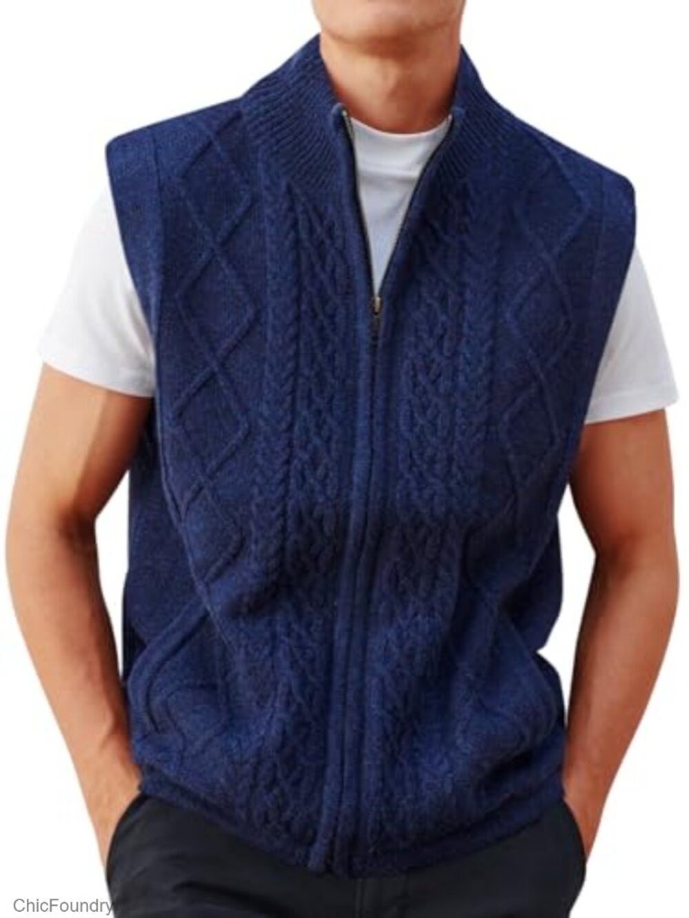 Full Zip Cable Knit Sweater Vest Sleeveless Men's Cardigan Mock Neck